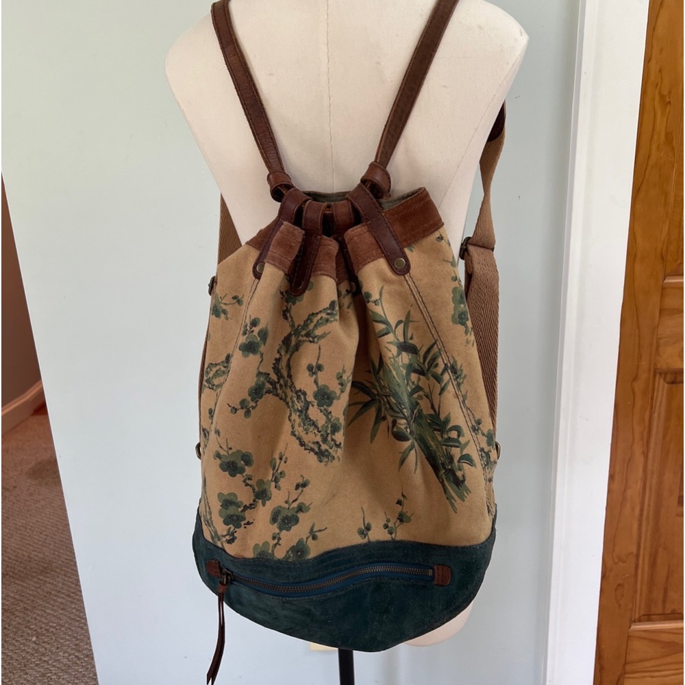 LUCKY BRAND Boho Canvas Green Suede Trim Backpack Floral Leaves Leather Straps